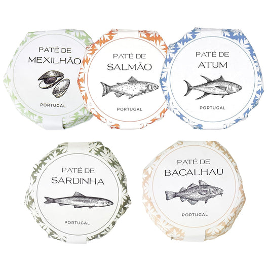 Probierset Paté - 5 Fischpasten mit den Sorten Sardine, Tunfisch, Miesmuschel, Kabeljau und Lachs