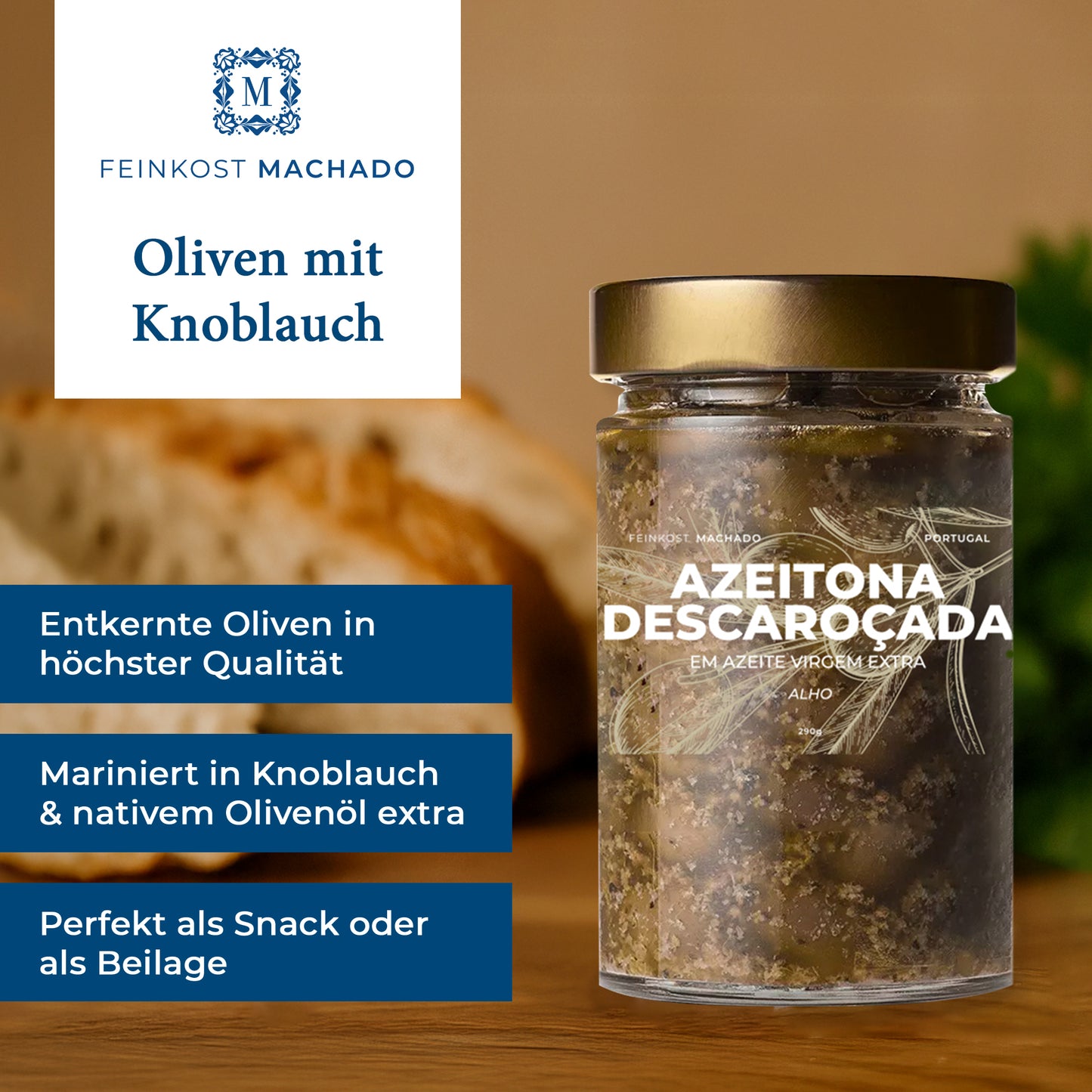 Entkernte Oliven in Olivenöl mit Knoblauch 290g