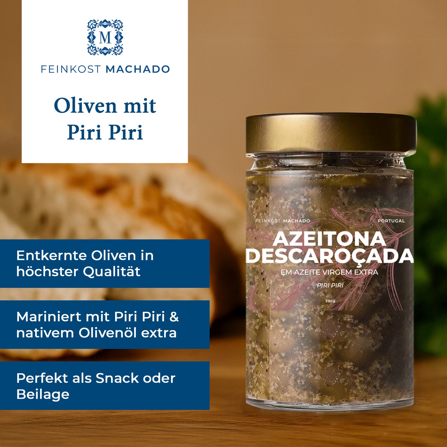 Entkernte Oliven in Olivenöl mit Piri Piri 290g